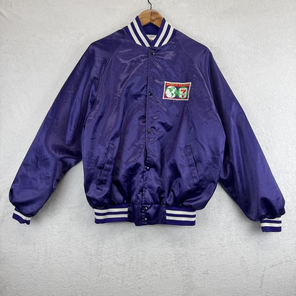 Vintage 7-Eleven Jacket Mens XL Purple‎ Satin Bomber Advertising Westark USA 90s